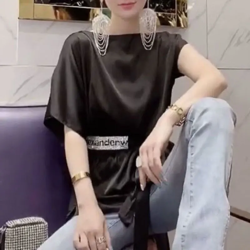 

Summer Casual Batwing Sleeve Basic Solid Color Blouse Stylish Waist Bandage Diamonds Shirt Female Clothing Elegant Slash Neck