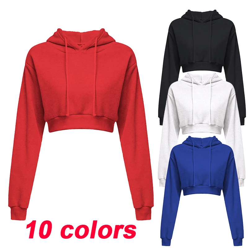 Sudadera informal de manga larga con capucha para mujer, Jersey corto Sexy de Color sólido, Top abierto con capucha