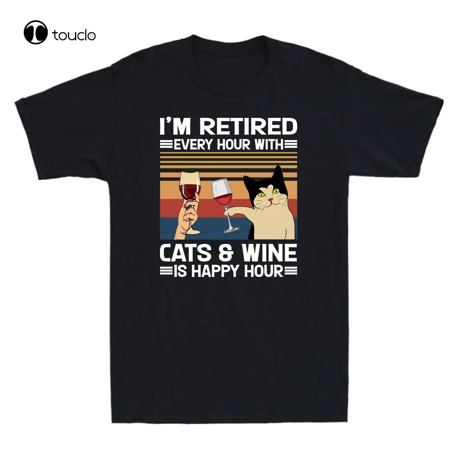 I'M Retired Every Hour With Cats And Wine Is Happy Hour Men'S T-Shirt Black Tee white shirt women