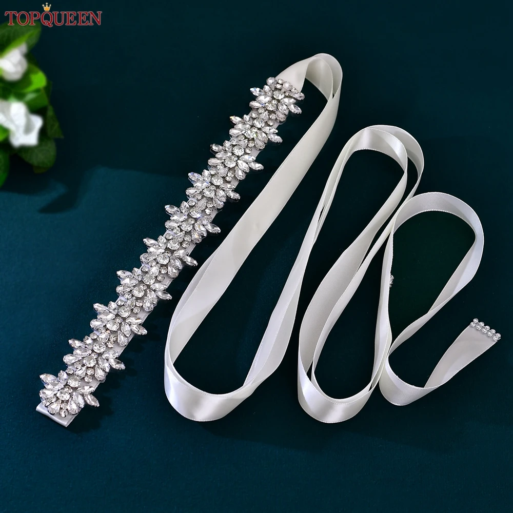 TOPQUEEN حزام زفاف مخيط يدويًا مناسب للارتداء اليومي إكسسوار زفاف فضي حجر الراين فستان زهري وشاح S269