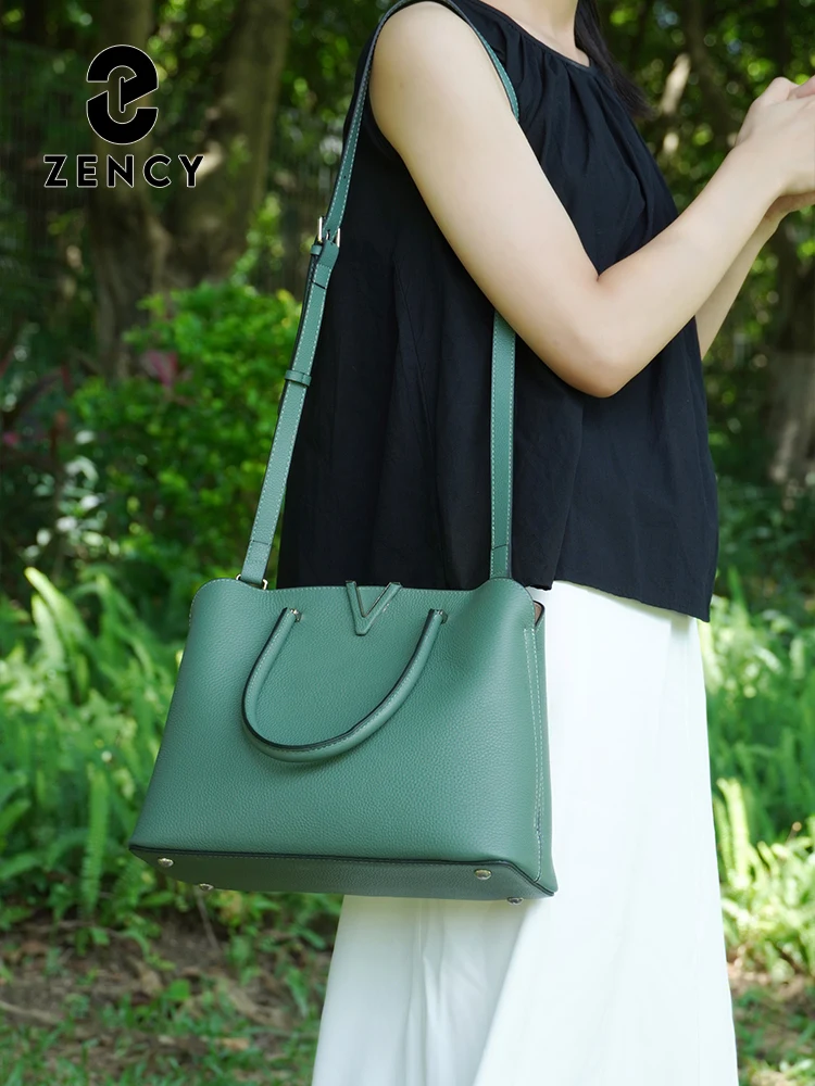 Zency Fashion Women Shoulder Bag 100% Genuine Leather Large Capacity Handbag Multi Pocket Satchel Tote Bag Cross body Green Blac