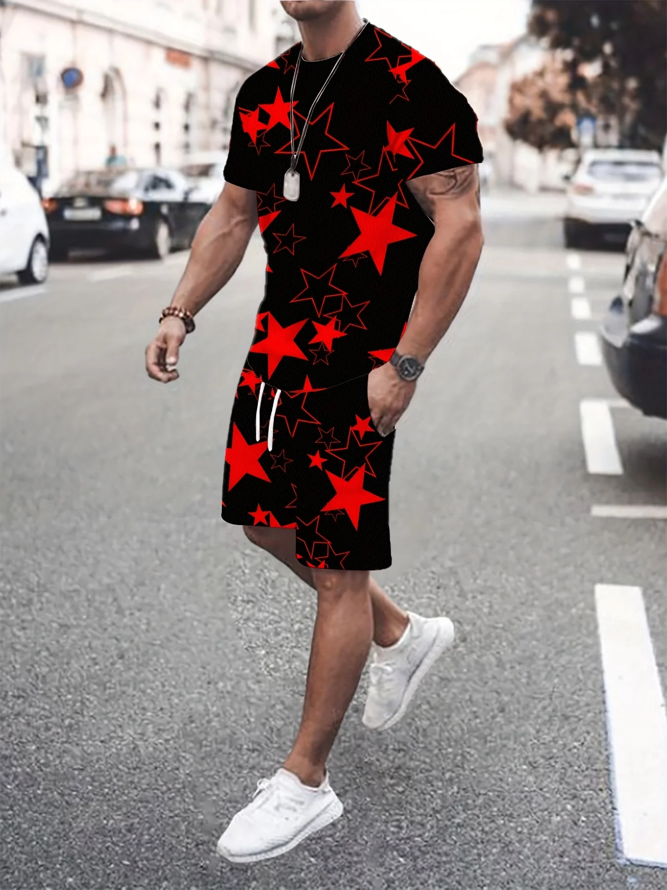 

The latest 3D five-pointed star print style street men's set for the summer of 2025 is trendy and fashionable comfortable