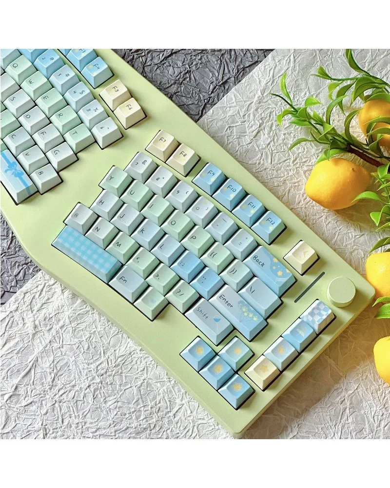 pastel blue green gingham keycaps set pbt dye sub keycaps with cute gift design for mechanical keyboards