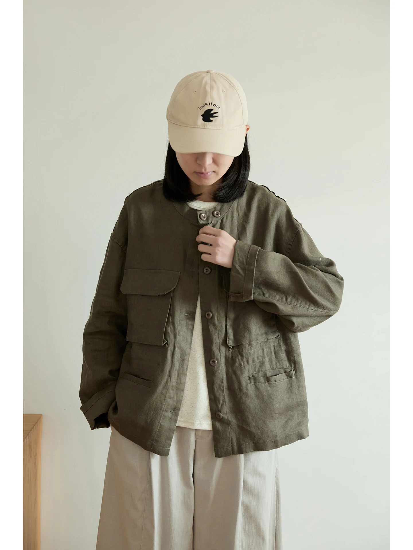 

Japanese Style Linen Jacket with Pocket Long Sleeve Stand Collar Women's Loose Fit Spring Shirt Button Closure Outerwear