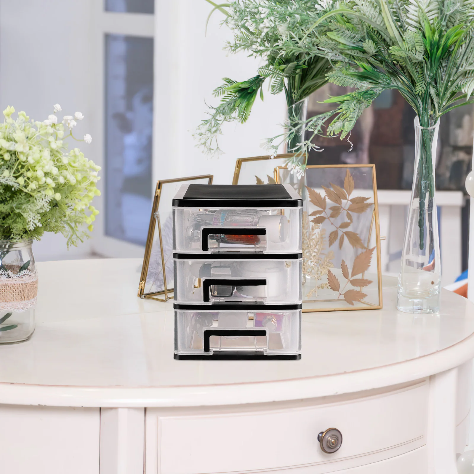 3-lagige transparente Aufbewahrungsbox für den Schreibtisch, Schublade, Kunststoff, Kosmetik-Organizer für Make-up-Pinsel, Mascara, Augenbrauenstift, Schwarz