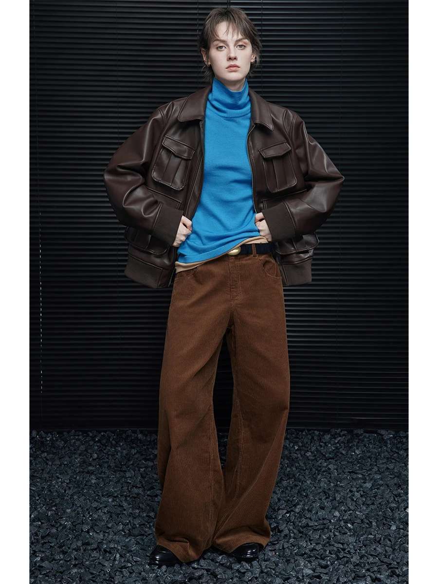 

Темно-коричневая кожаная куртка для женщин: стильное пальто с воротником-стойкой, осенняя новинка, модное, уникальное, эффектное, из полиэстера