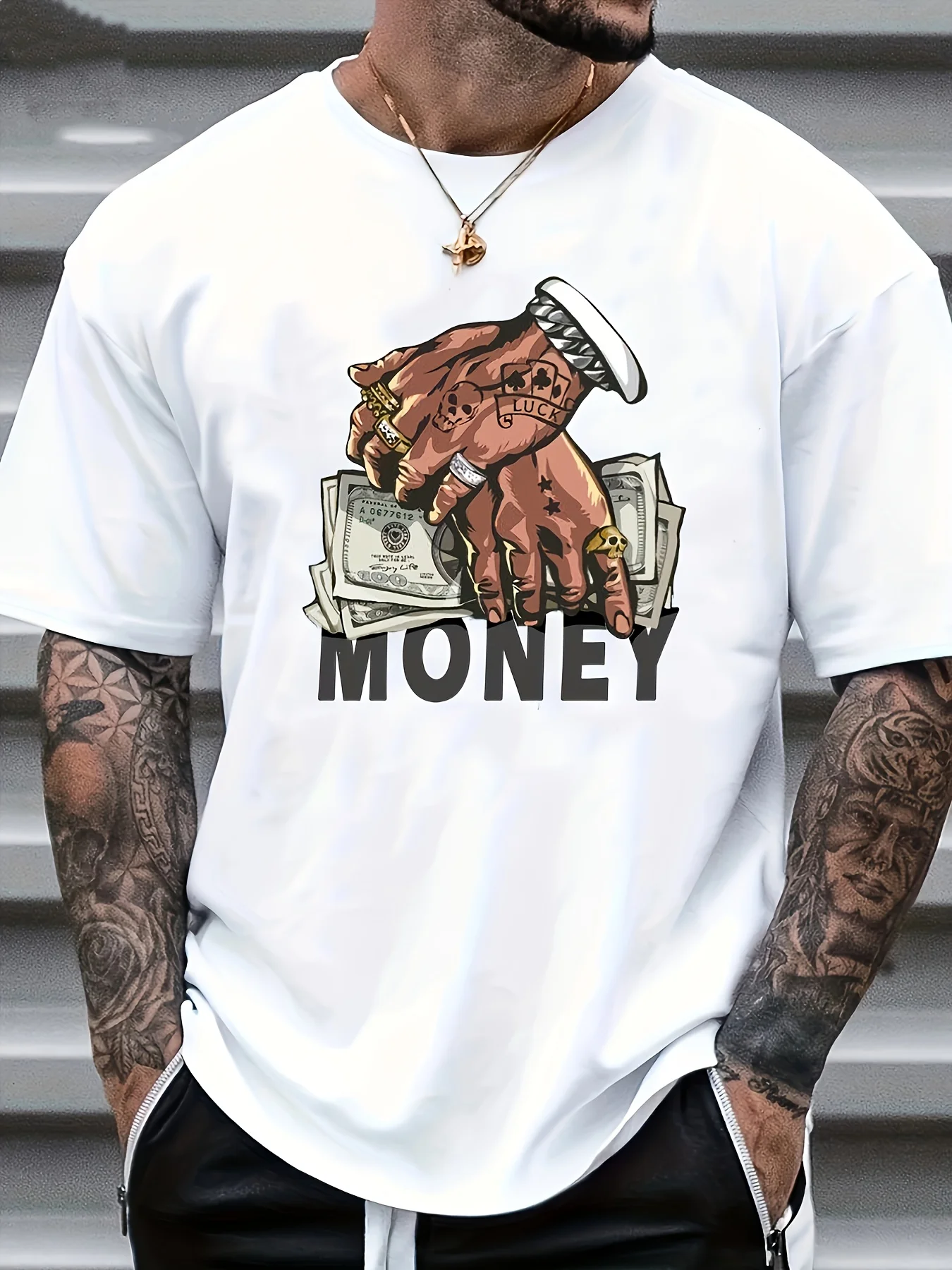 Hip Hop Money Cash Mens Crew Neck Cotton T Shirt Tattoo Hands With Banknote Print Short Sleeve Urban Casual Street Fashion Top
