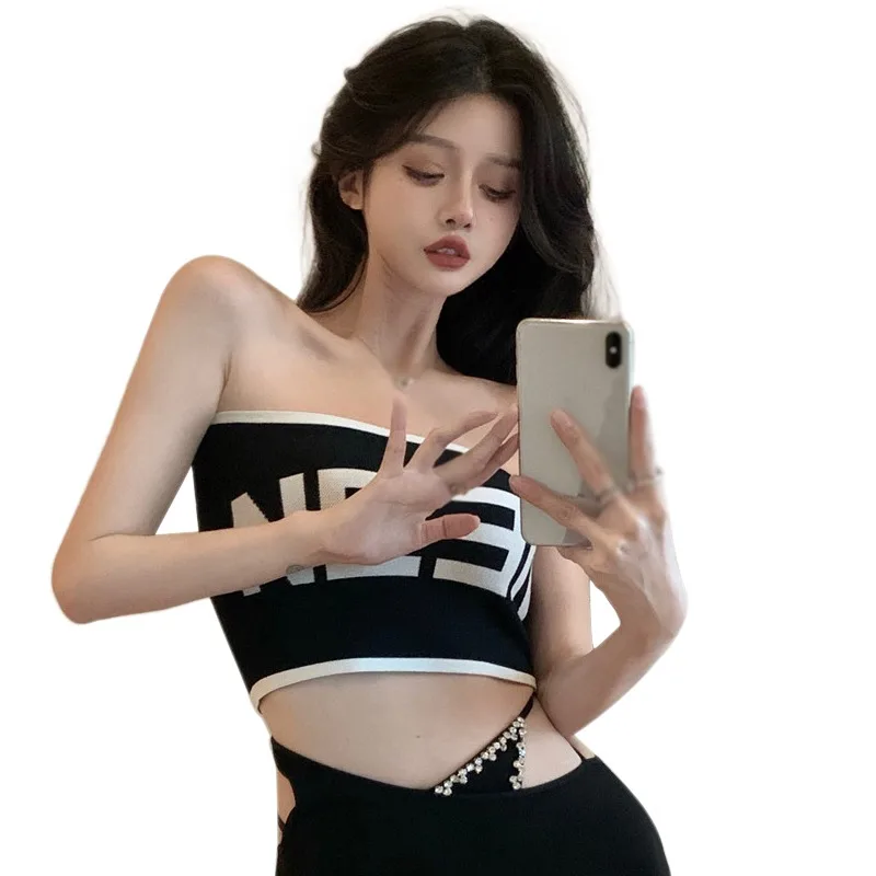 

Women's Alphabet Printed Knit Sheath Tank Top Summer Cotton Sleeveless Strapless Short Top