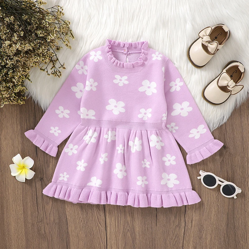 SUNSIOM Kids Girl Knit Dress Floral Print Ruffle Long Sleeve Sweater A-Line Dress for Toddler Baby Fall Winter Casual Clothes