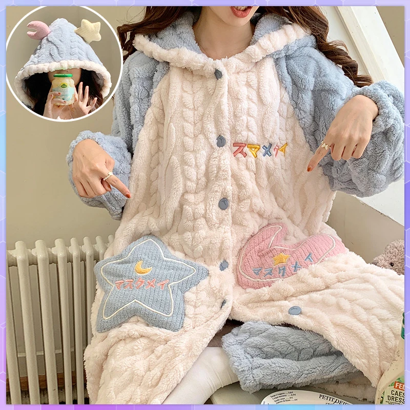 Winter Coral Fleece Warm Sleepwear Women's Pajamas With Pants Nightgown Kawaii Casual Hooded Homewear Robe Plush Bathrobe Sets