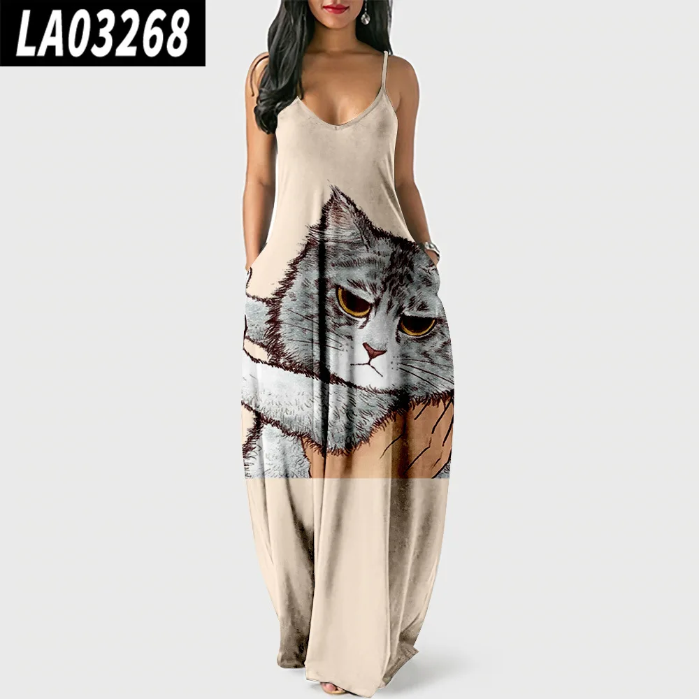 Summer Women Cat Printed Long Pullover Dress Sexy Floor-length Party Beach Sundress Dress Vestidos