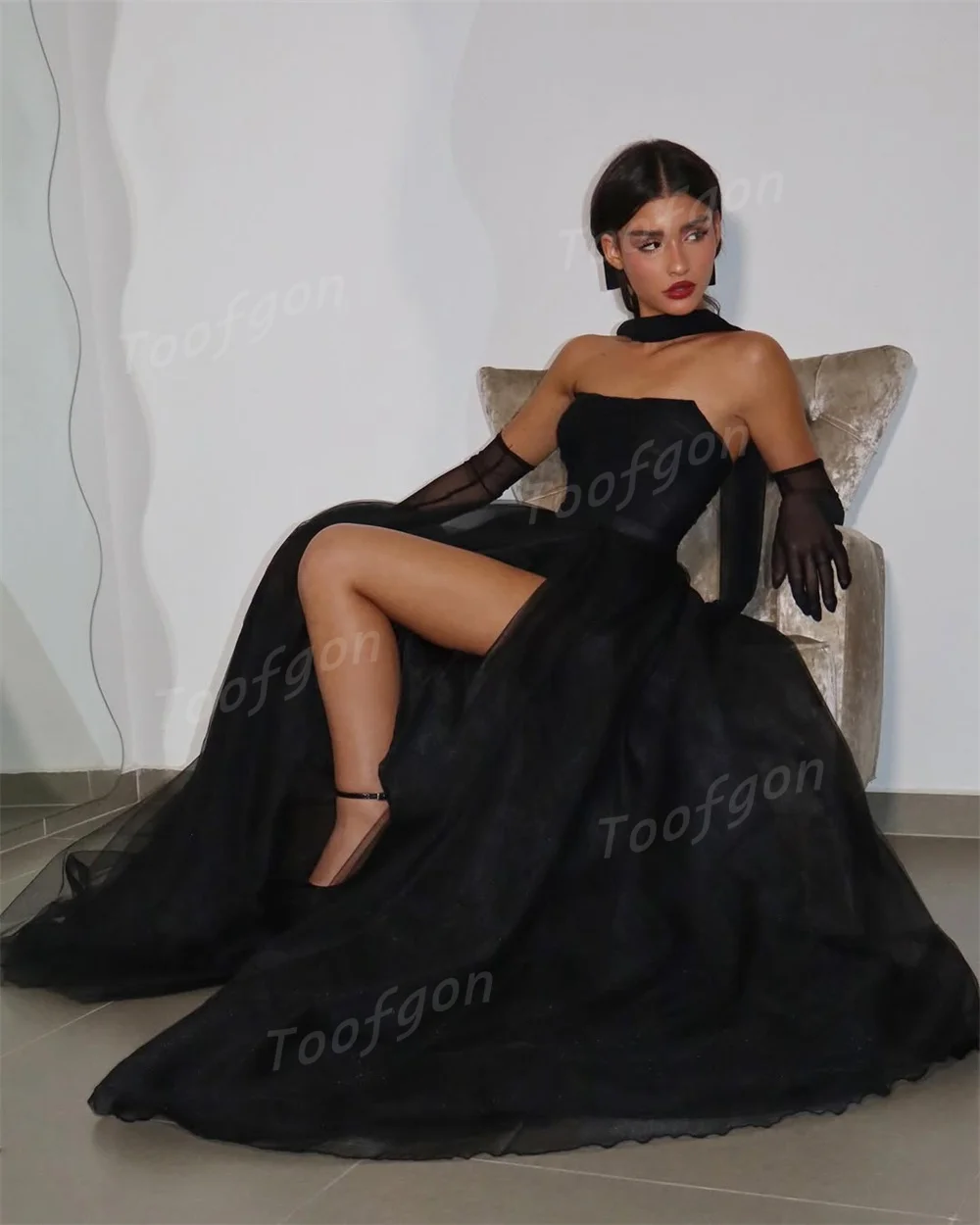 فساتين سهرة من Toofgon عتيقة من التول الأسود بفتحة عالية للحفلات الراقصة مخصصة رداء Soirée للنساء فستان رسمي طويل