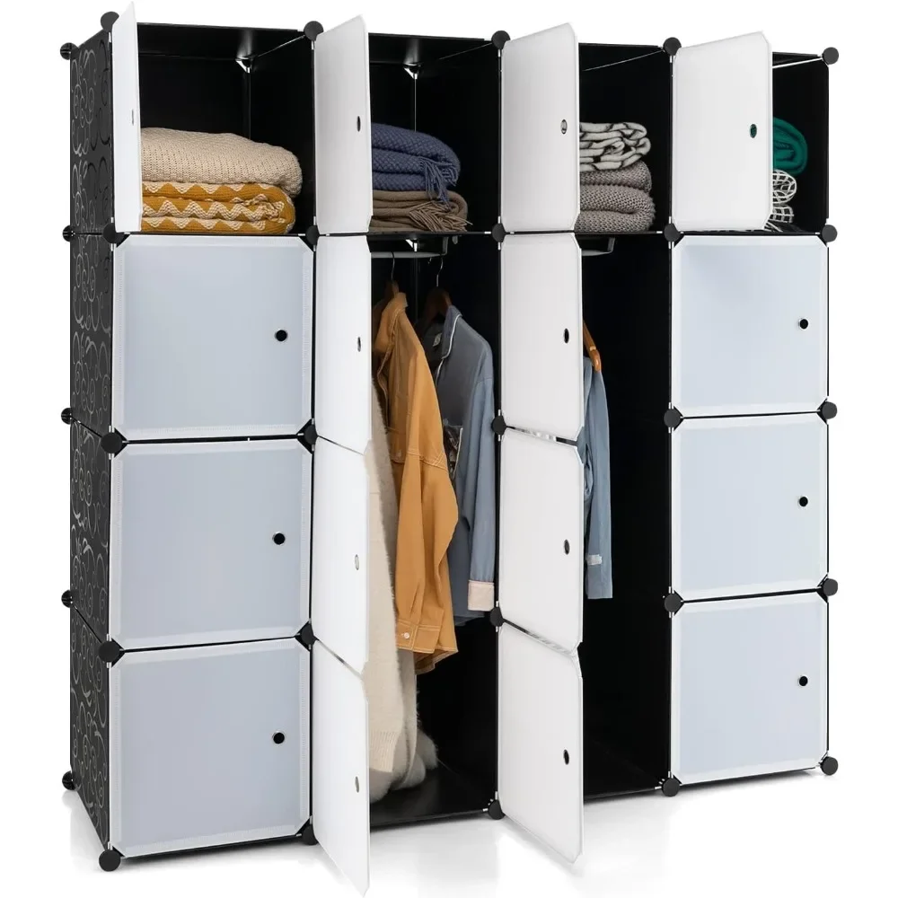 

16 Cubes Portable Wardrobe Closet, Combination Bedroom Dresser Armoire with Hanging Sections, Cube Storage Organizer