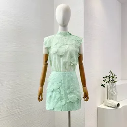 Women's Mint Green Flowers Appliqued Embroidery Sleeveless Blouse Tops and Skirt Set for 2024 New Arrivals Holiday