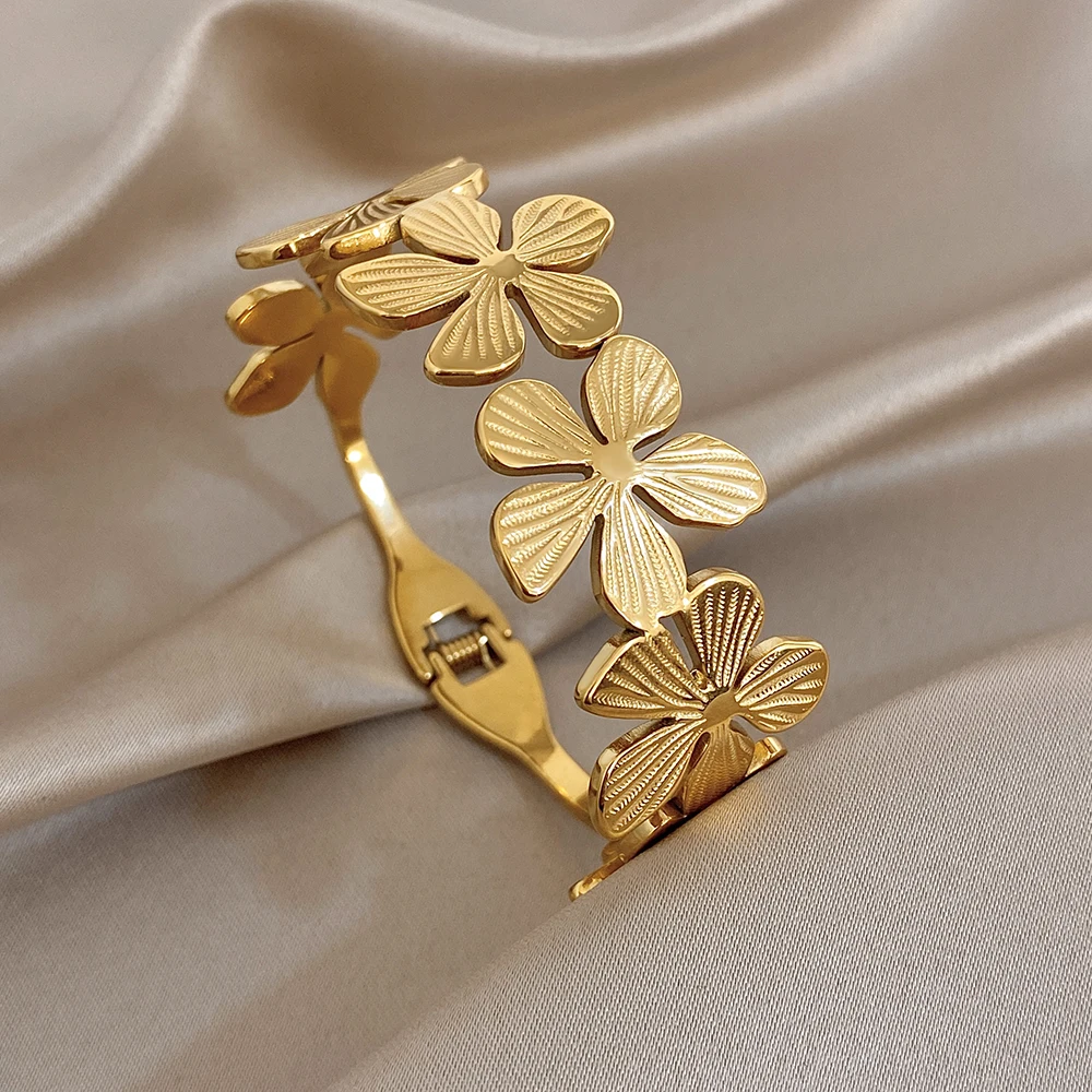 Luxury Leaf Oval Bead Bangle Stainless Steel Gold Plated Zircon Flower Stackable Jewelry Clasp Cuff Bracelet for Women Gift