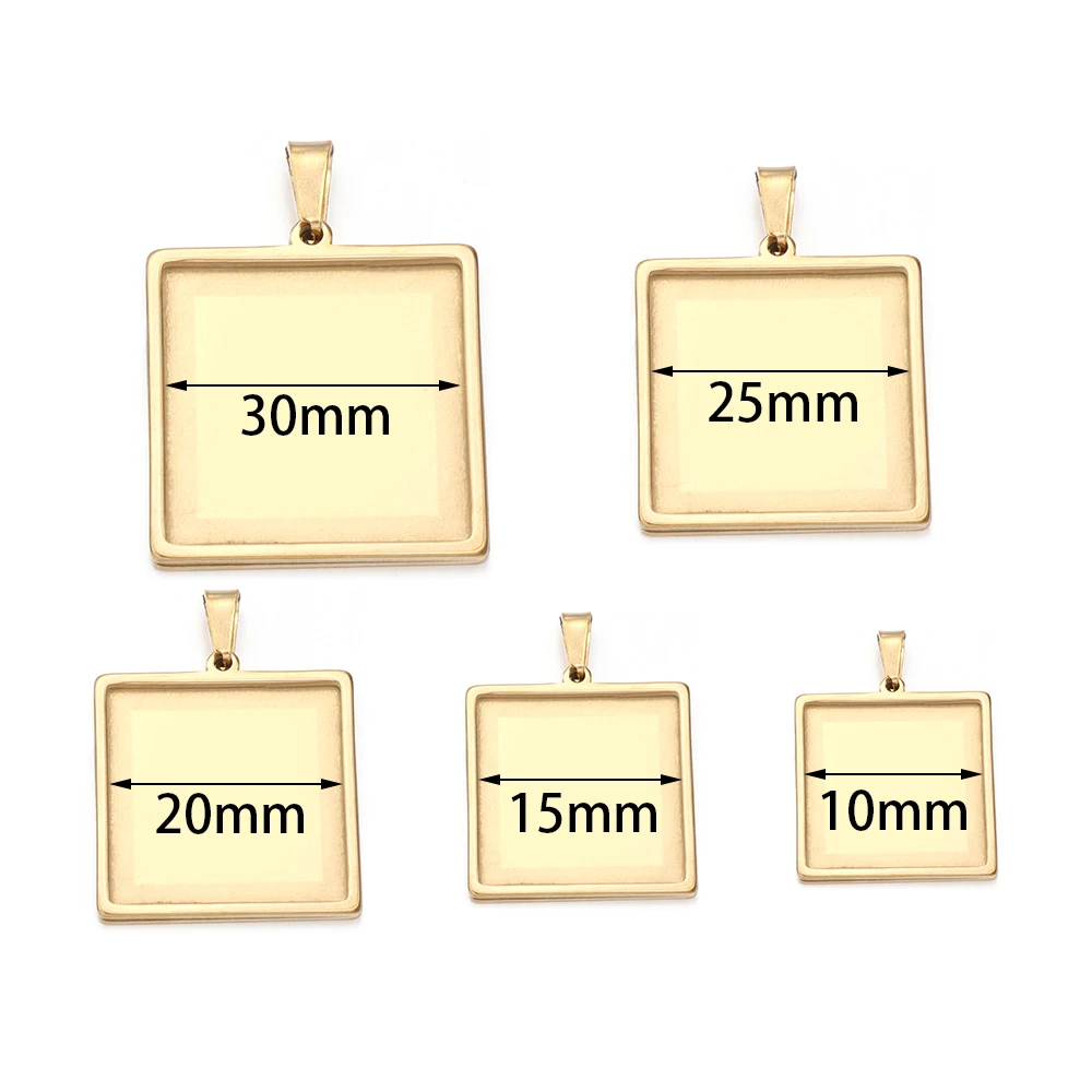 2Pcs Stainless Steel 10 15 20 25 30mm Square Cabochon Cameo Base Tray Bezel Blank Setting Supplies for Jewelry Making Pendant