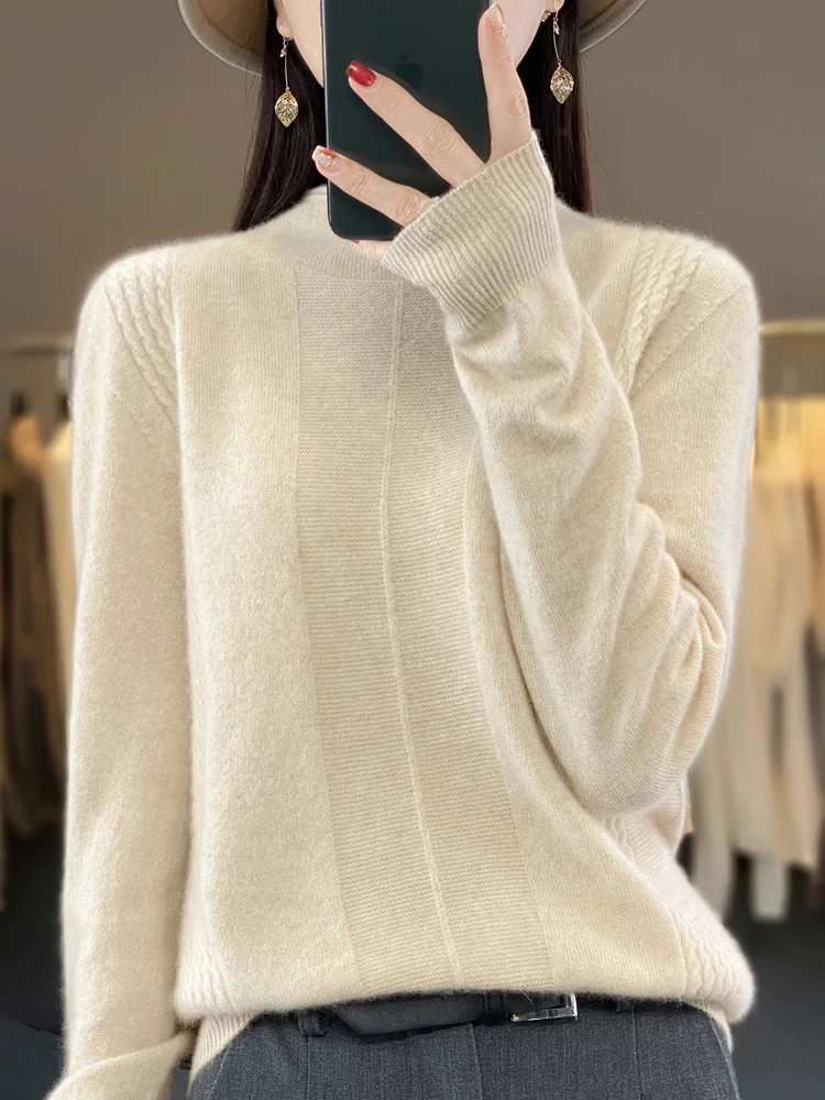 2024 Autumn Winter Women 100% Merino Wool Sweater Striped O-Neck Pullover Knitwear Casual Undershirt Cashmere Clothing Tops