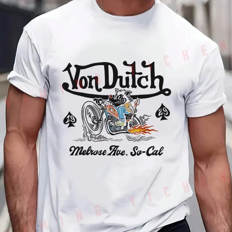 American Retro Motorcycle Cartoon Print Men T-Shirt Moto Cotton Summer O-neck Short Sleeve Fashion Hip Hop Tee