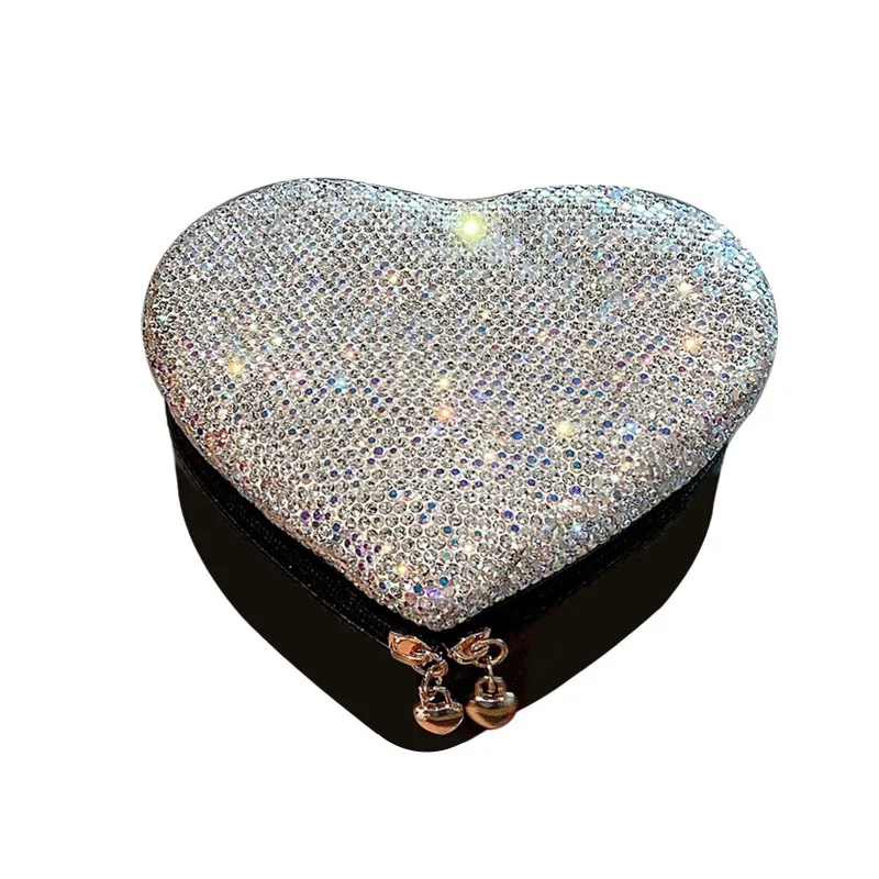 Love Heart Shape Jewelry Storage Box PU Rhinestones With Mirror Travel Portable Earrings Necklace Ring Bracelet Organizer Case