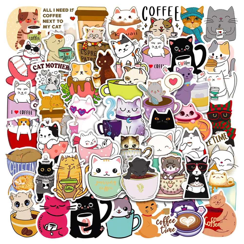 

50pcs Cat Coffee Time Stickers For Guitar Phone Scrapbook Stationery DIY Craft Supplies Vintage Sticker Scrapbooking Material