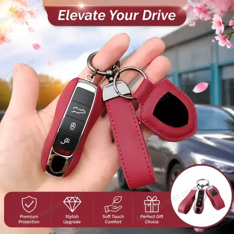 For Porsche 718 Macan Cayenne Panamera 911 Leather Key Case Keychain Bordeaux Red Car Key Organizer Accessory