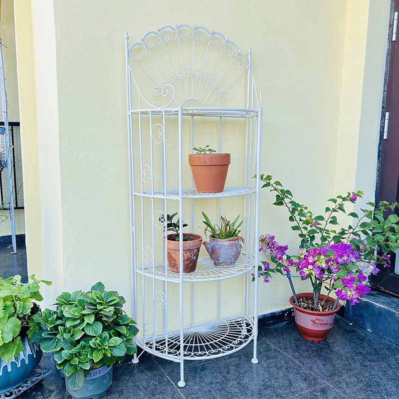 

French country retro wrought iron semi-circular four-layer flower stand, indoor and outdoor balcony, garden and courtyard flower