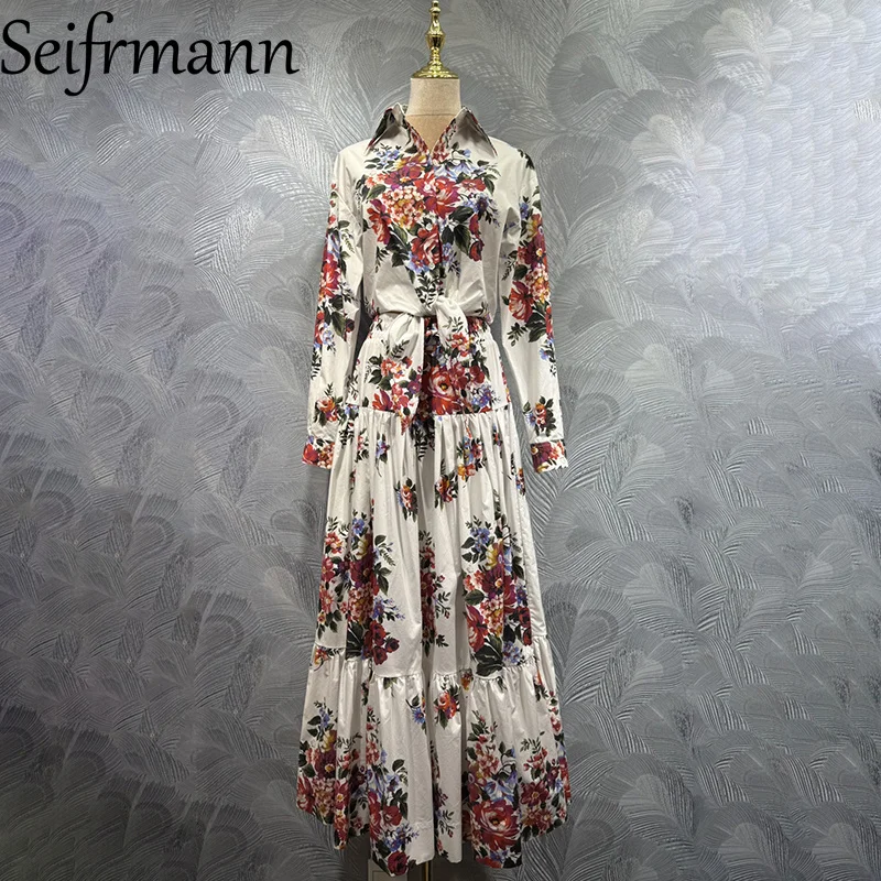 

Seifrmann 2026 Spring Women's New Fashion lapel Long Sleeve Printed Cotton Top+Half Skirt Two Piece Set