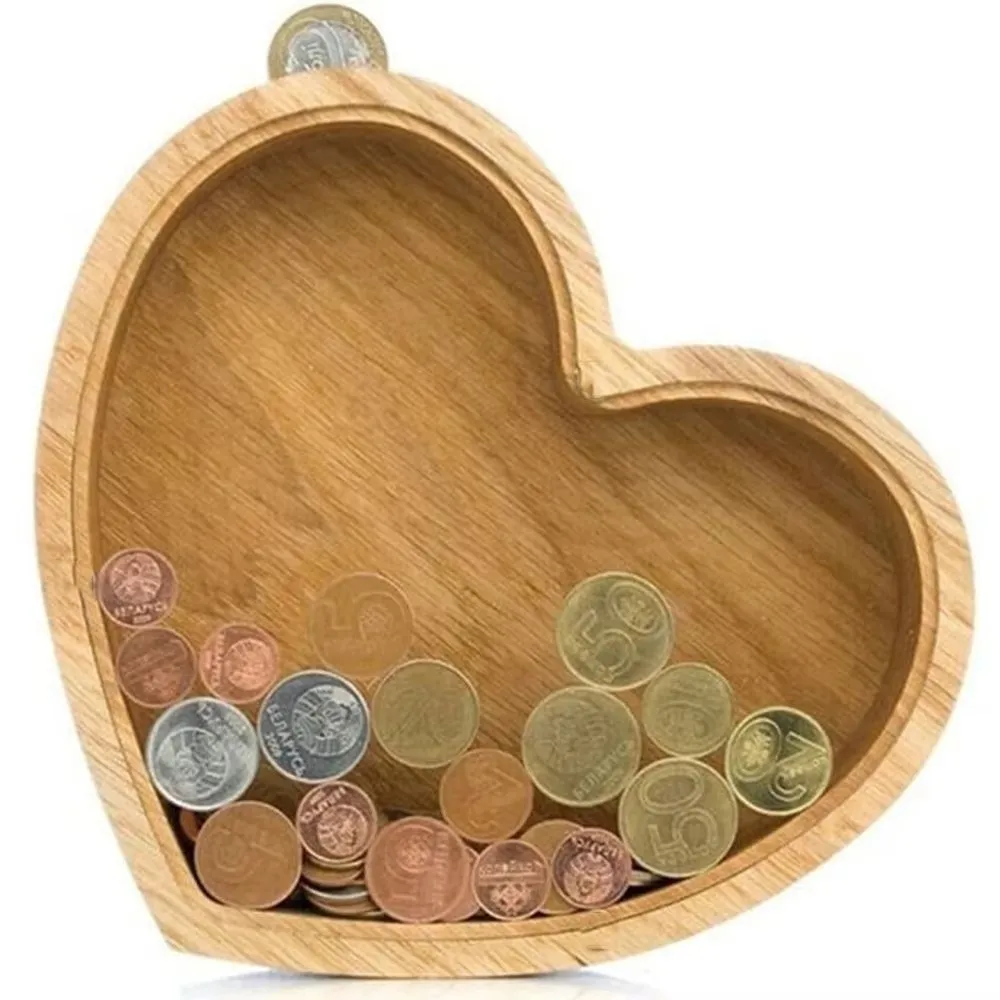 Heart Shaped Wooden Piggy Bank Transparent Window Smooth Surface Heart Piggy Bank Durable Wooden Money Box for Kids and Adults