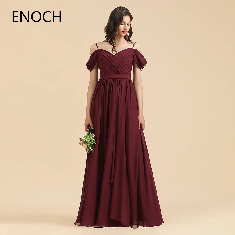 ENOCH Spaghetti Strap A-Line Bridesmaid Dresses Side Slit Off The Shoulder Chiffon Floor Length Wedding Party Gown Vestidos New