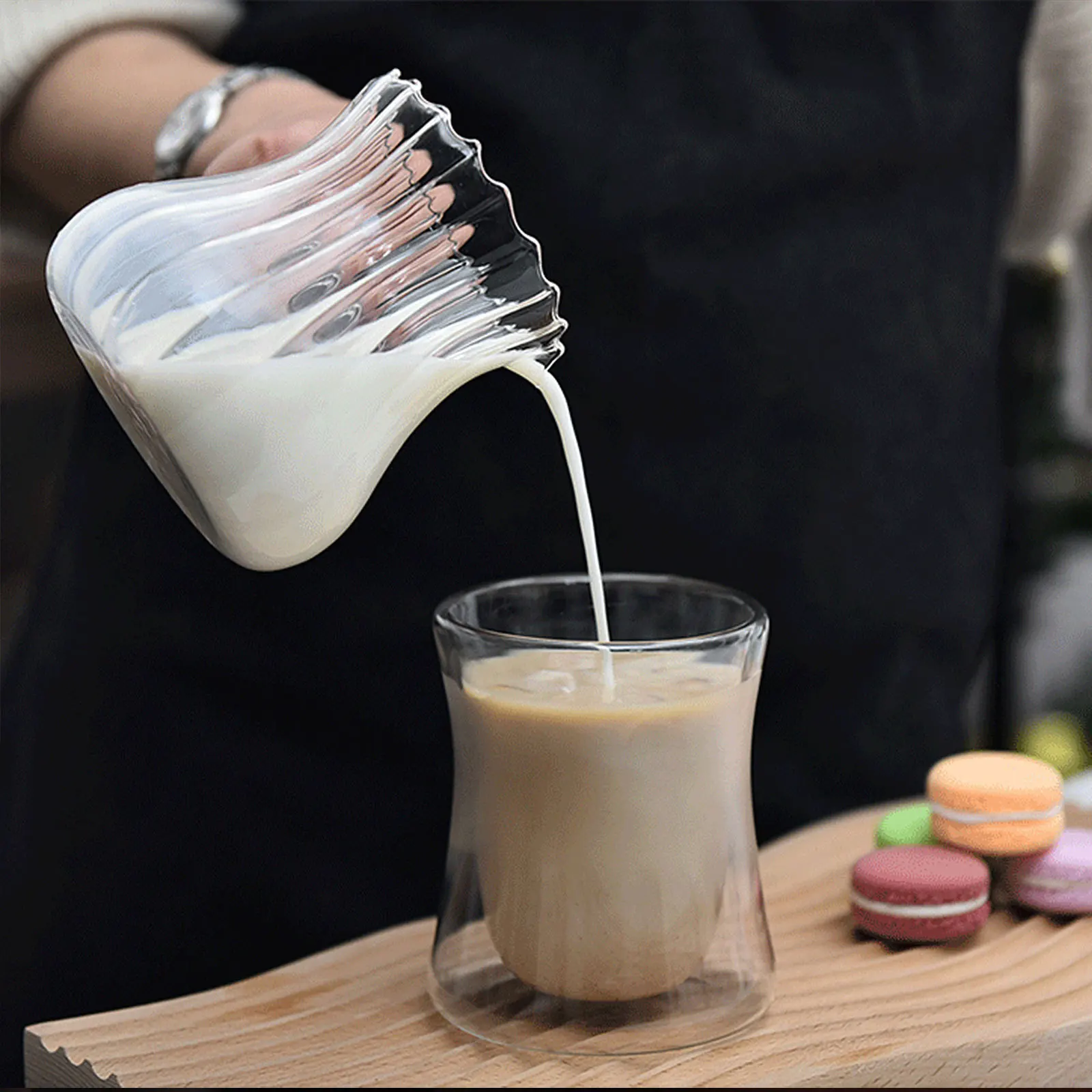 

Striped Glass Milk Pitcher Easy Grip Handle No Drip Mouth Long Lasting Reusable Elegant Design Coffee Creamer Container