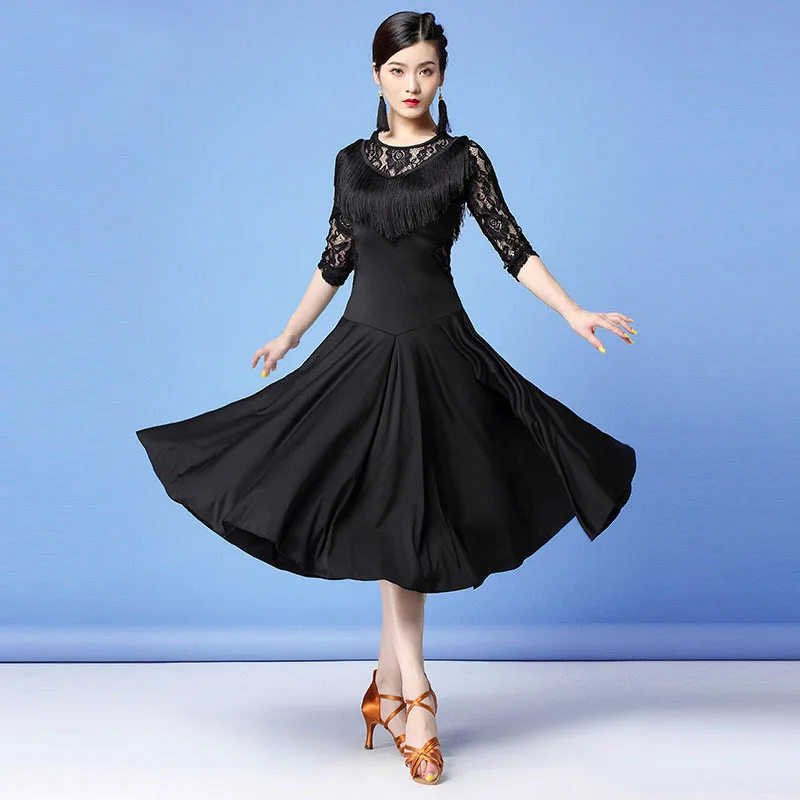 Elegancka sukienka do tańca latynoskiego dla kobiet walc stroje do tańca towarzyskiego długa koronka łacińska sukienka do tańca Party Modern Costume Cha Cha