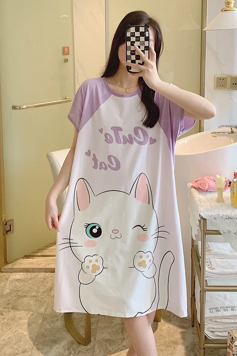 Summer New Nightgown Pajamas Homewear Loose Large Size Sweet Cute Cartoon Short-Sleeved Girls Loose Short-Sleeved Nightgowns