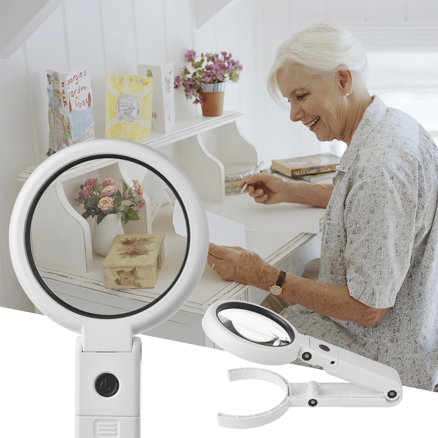 5X/10X Handheld Magnifier with LED Light and Stand USB Powered Illuminated Magnifying Glass for Electronics Repair Hobby Tool