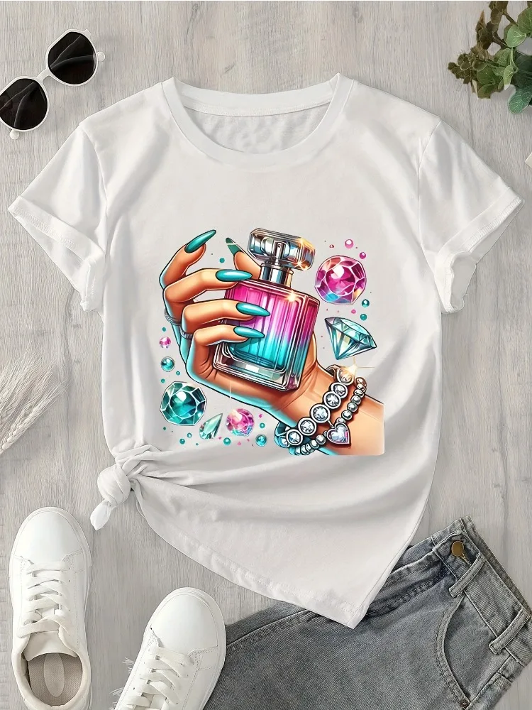 New Women's T-Shirt Featuring A Print of A Hand with Turquoise Nail Polish Holding A Bottle of Colorful Perfume Round Neck Shirt