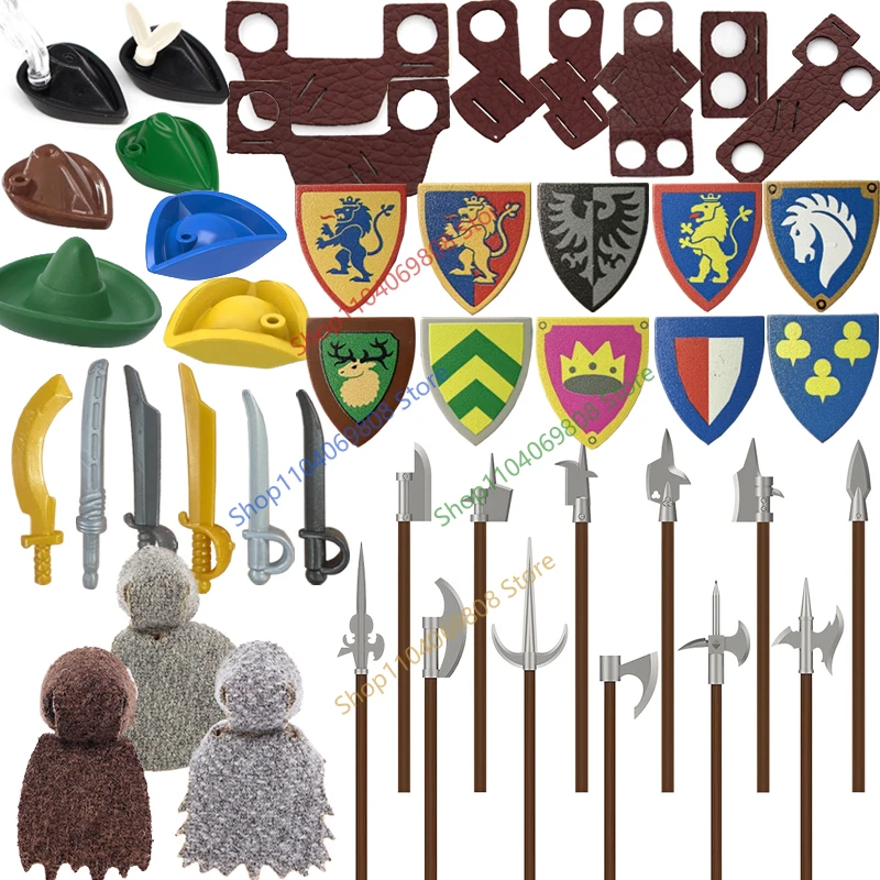 Blocs de construction médiévaux, figurines de soldats, accessoires de personnage, lame de sabre, fourreau, cape, lance, couteau, chapeau de cowboy, briques, jouets N16