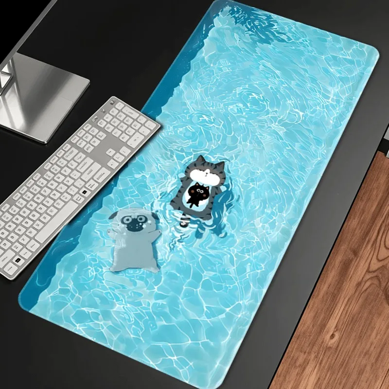 

Коврик для мыши с милым рисунком собаки и кошки, синий дизайн с волнистой водой, коврики для игрового стола, HD аксессуары для офисного стола, прочный коврик для мыши с клавиатурой