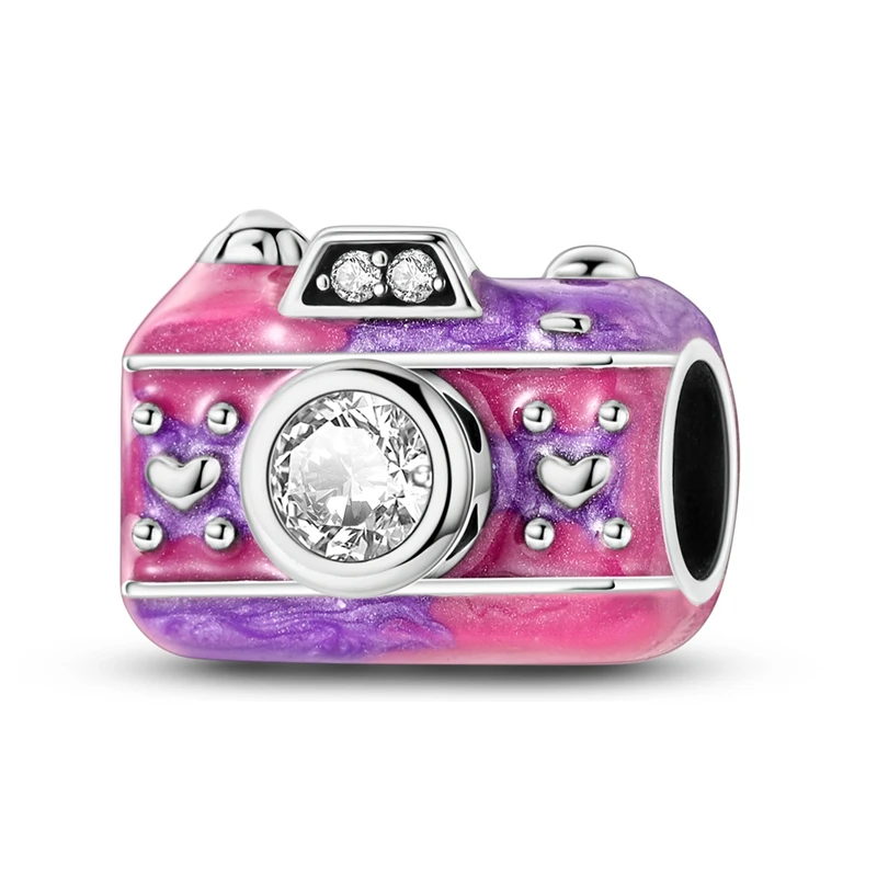 925 Sterling Silver Glazed Pink Purple Camera Charms Beads Dangle Fit 3mm Original Bracelet DIY Women Birthday Party Jewelry