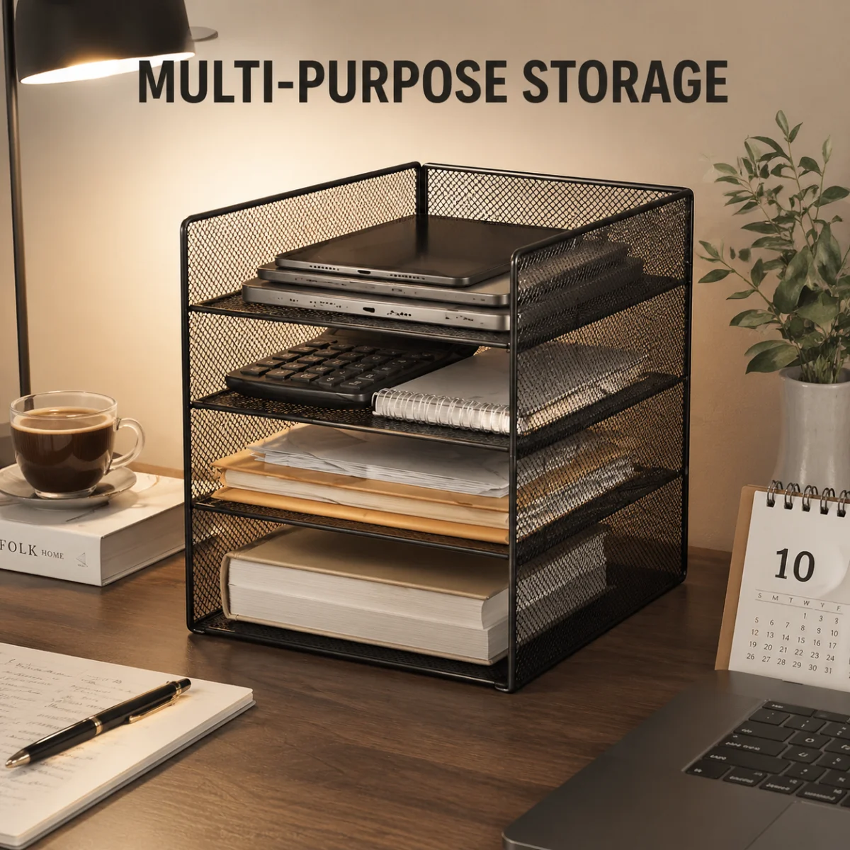 Black Mesh Desk File Organizer,Multi-Layer Paper Document Holder,Durable Desktop Storage Rack for Office Supplies,Letters