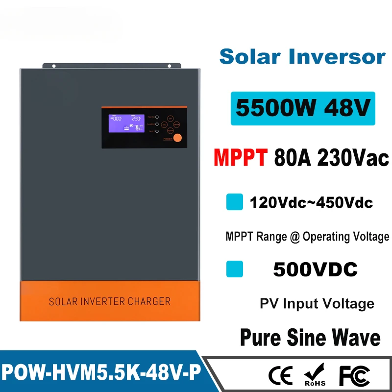 Factory 6.2KW 5.5KVA MPPT 80A 500VDC PV Input 220VAC 48V with/no Parallel Function 6200W 3 Phase Hybrid Solar Inverter