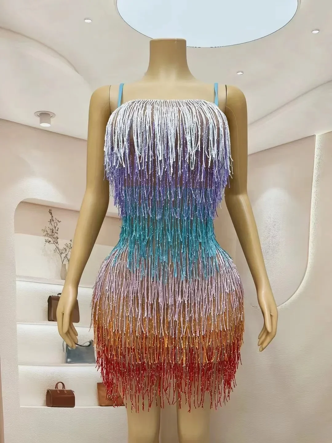 여성 섹시한 무대 화려한 술 프린지 원피스, 생일 졸업 축하 슬리브, 가수 사진 촬영 원피스, 여름