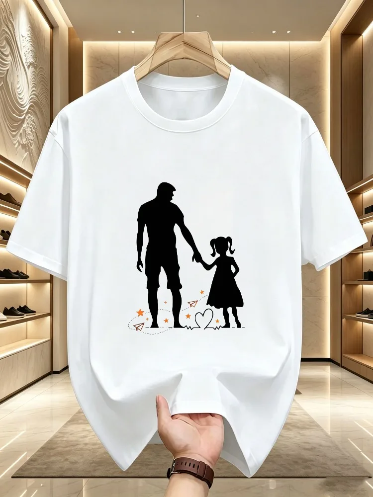 Camiseta de algodón con cuello redondo para hombre, camiseta de manga corta con estampado de silueta de papá y niña de la mano, camiseta informal con estampado de corazón, avión y estrella para uso diario