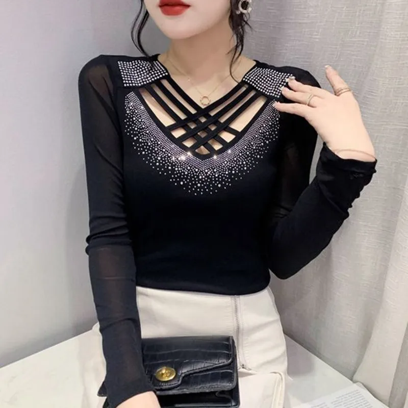 New Fashion 2023 Autumn Women\'s T-Shirt Chic Cross Hollow Out Hot Diamonds Long Sleeed Mesh Tops Female All Match Tees Blouse