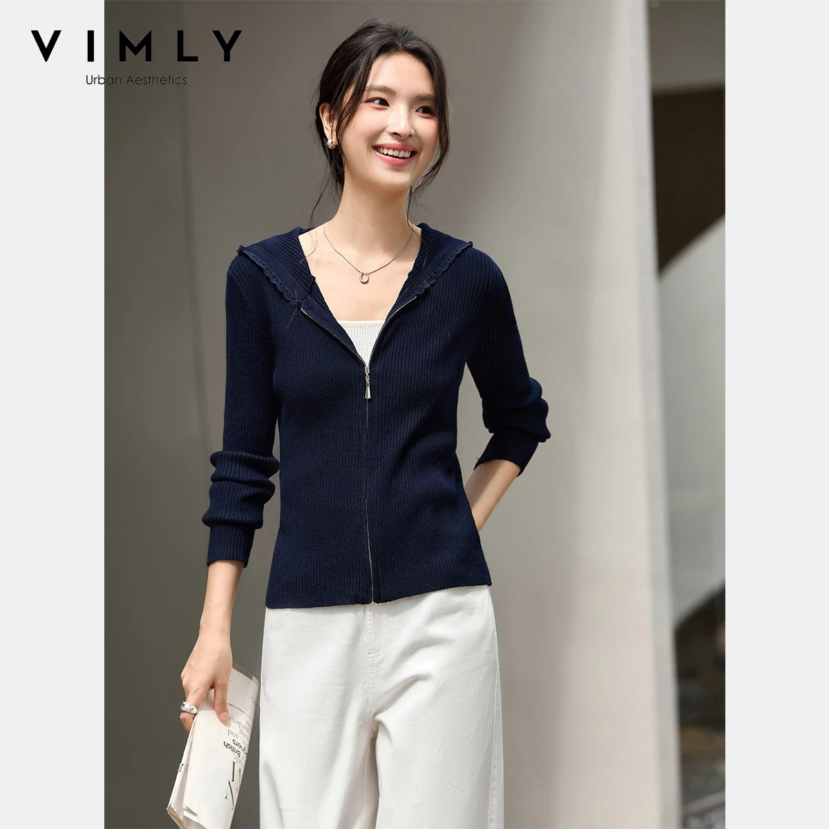 เสื้อคาร์ดิแกนมีฮู้ดสีน้ำเงินกรมท่า VIMLY สำหรับผู้หญิง สไตล์ลำลอง แขนยาว ซิปหน้า ถักนิตติ้ง เสื้อสเวตเตอร์ผู้หญิง ฤดูใบไม้ร่วง 2025 ทรงเข้ารูป เสื้อจั๊มเปอร์ผู้หญิง รุ่น 75218
