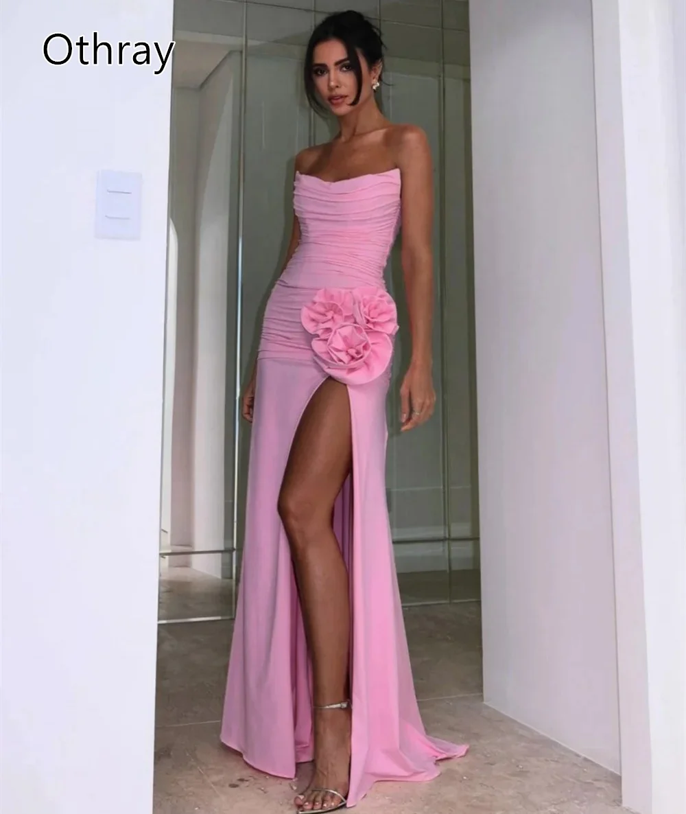 Othray Charming Chiffon Evening Dresses 3D Flower Sheath Strapless Long Dresses Prom Dresses Modern Style 2025 Formal Party Robe