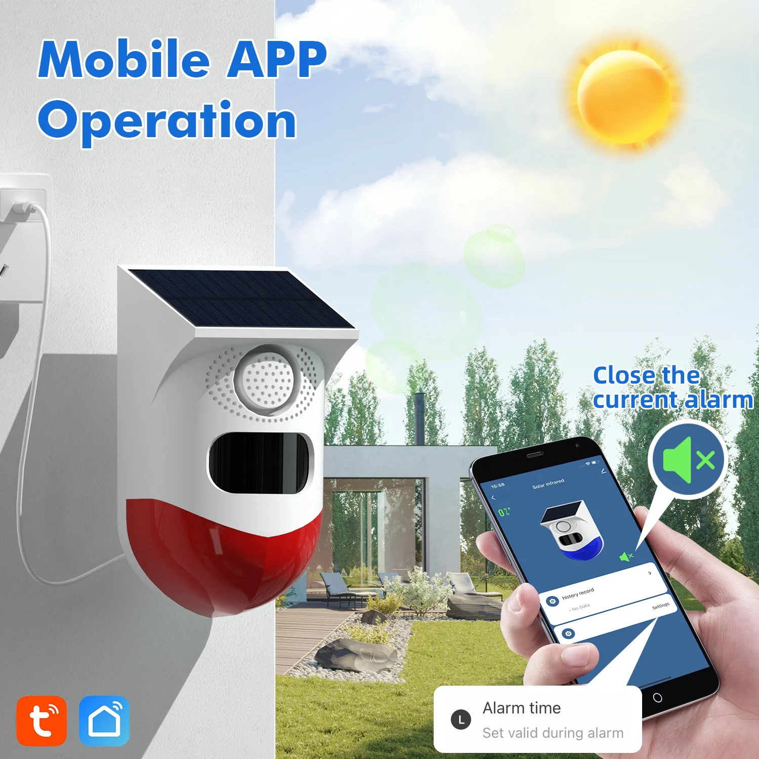 

Outdoor tu ya Wireless Solar Powered Alarm Home Waterproof r f & WiFi PIR Smart Motion Sensor Detector 120db Sound Strobe Siren