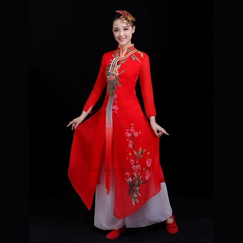 2026 chinesisches Volkstanzkleid, traditionelles Bühnentanzkostüm, Blumenstickerei, Qipao-Tops + Hosen, Set, chinesisches Kleid, Tanzoutfit