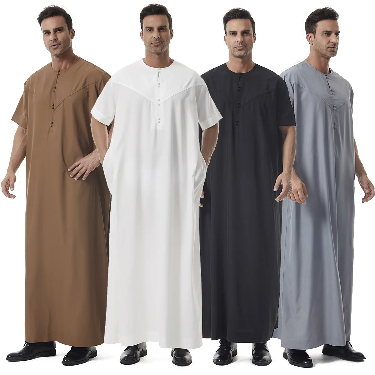 Saudi Arabic Robe Men Muslim Dress Abaya Short Sleeve Kaftan Islamic Clothing Dubai Jubba Thobe Daffah Dishdasha Solid Colors