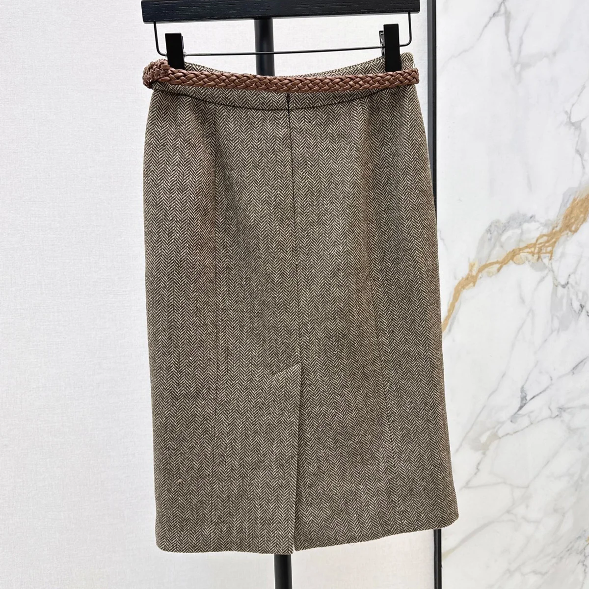 High Quality Women Herringbone Midi Pencil Skirt With Braided Belt, Back Slit Straight Skirt lyt261016202