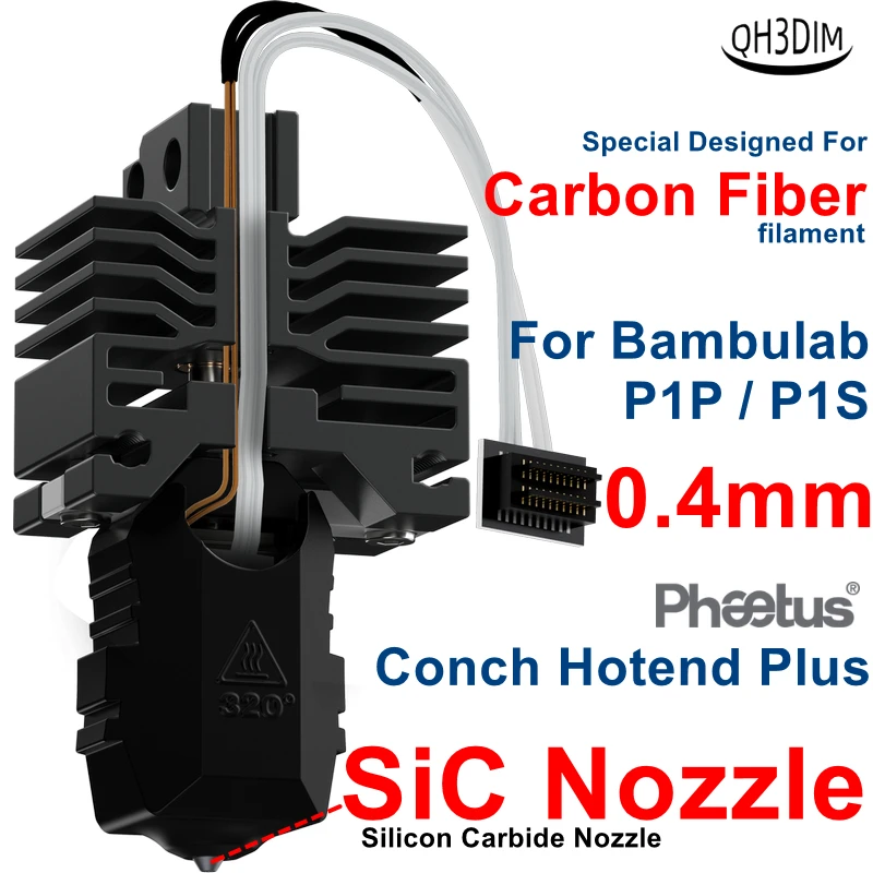 Phaetus Conch Hotend Plus For BambuLab P1P P1S 3D Printer SiC Nozzle EndCoat Heatbreak against Carbon Fiber filament