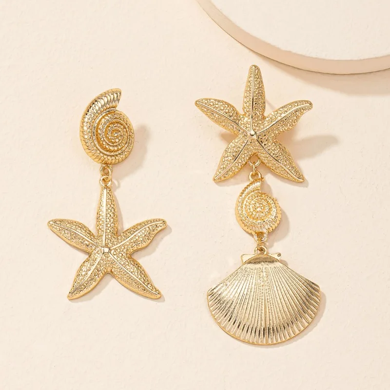 Personalized beach style Ear studs, retro exaggerated golden scallop earrings, versatile creative seashell and starfish jewelry